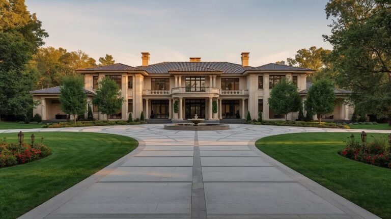 house with sprawling driveway and trees